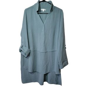 Daily Thread High Low Partial Button Aqua Blue Tunic Roll Tab Sleeve Size 1X